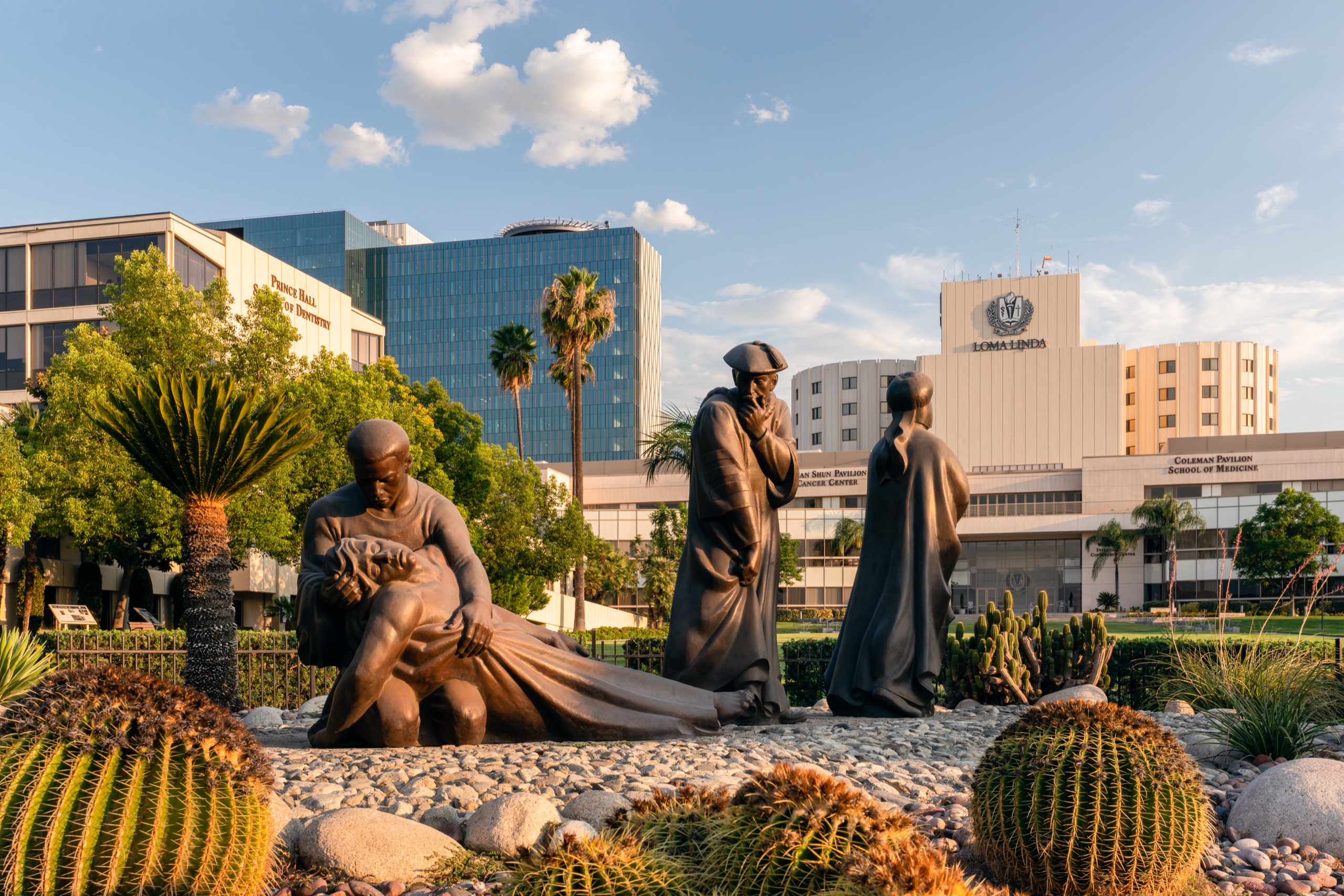 Sculpture garden and Loma Linda University campus buildings